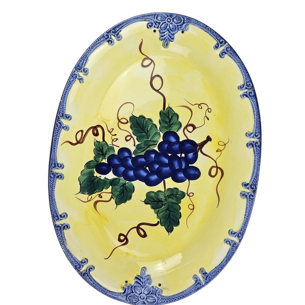 Hand Painted Italian Style Ceramic Grape Serving Platter Oval Blue Yellow 16in